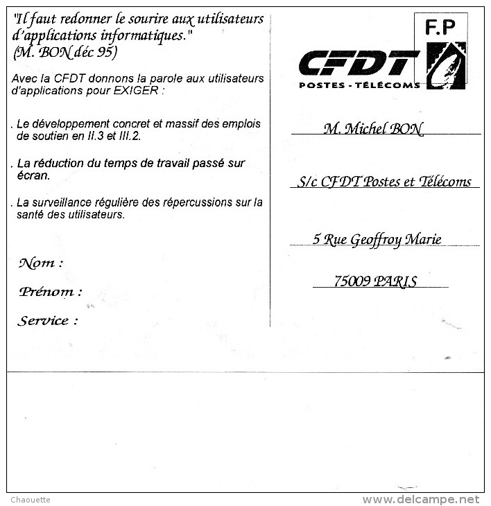 C.f.d.t.  Postes-telecoms...mr Bon...decembre 1995...carte Format 19 Par 15 - Sindacati