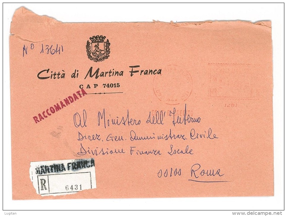 CITTA' DI MARTINA FRANCA - 74015 TARANTO  - ANNULLO MECCANICO ROSSO RACCOMANDATO ANNO 1981 - Macchine Per Obliterare (EMA)