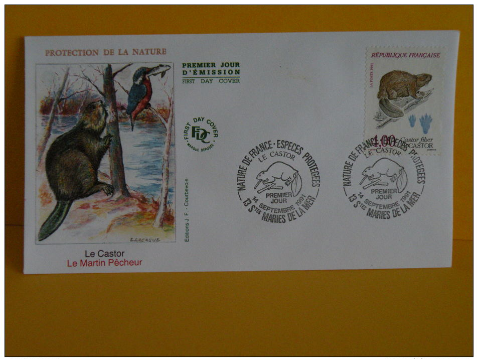 FDC- Le Castor, Le Martin Pêcheur - 13 St Maries De La Mer - 14.9.1991 - 1er Jour, - 1990-1999