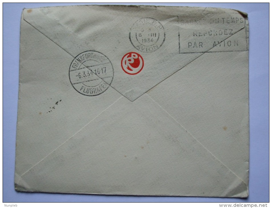 FRANCE 1934 AIR MAIL COVER FROM LYON TO FRANKFURT GERMANY WITH VARIOUS CACHETS - Briefe U. Dokumente