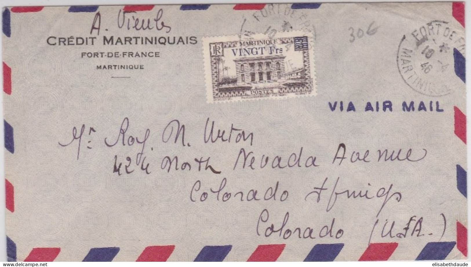 MARTINIQUE - 1946 - RARE SEUL SUR LETTRE (COTE MAURY = 135 EUR) AIRMAIL De FORT DE FRANCE Pour COLORADO (USA) - Covers & Documents