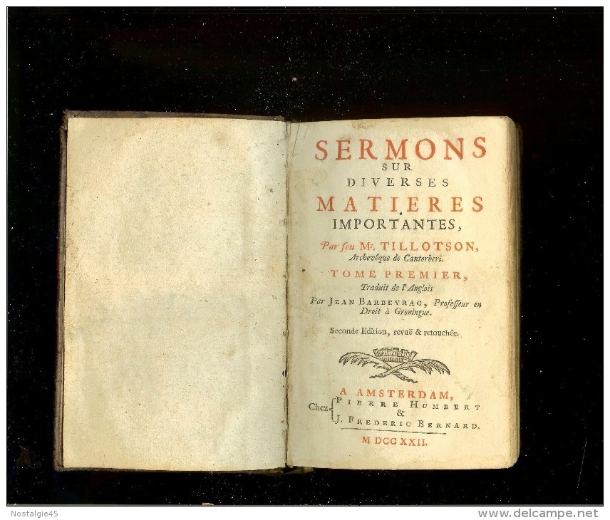 Sermons  Sur Diverses Matières Importantes, Par Feu Mr Tillotson Archevêque De Cantorberi/tome 1/Amsterdam/P.Humbert... - 1701-1800