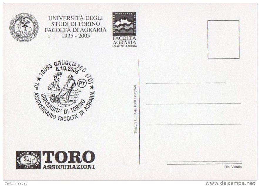 [MD0025] UNIVERSITA´ DEGLI STUDI DI TORINO - ANNIVERSARIO FACOLTA´ DI AGRARIA - CON ANNULLO 8.10.2005 - Altri & Non Classificati