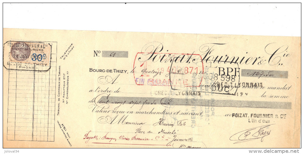 Lettre Change 14/1/ 1932 POIZAT FOURNIER BOURG DETHIZY Rhône Pour Joinville Haute Marne  - Timbre Fiscal - Lettres De Change