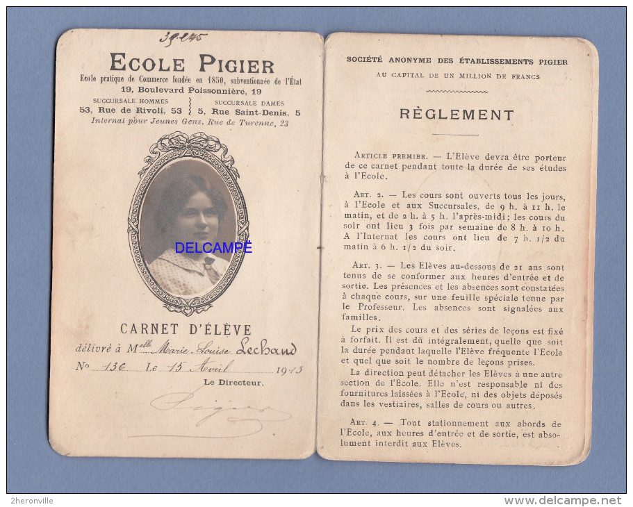 Carte Ancienne D' Elève - PARIS - Ecole Pratique De Commerce PIGIER - 1913 / 1914 - Photo De L'eleve - Sténo Dactylo - Diplome Und Schulzeugnisse