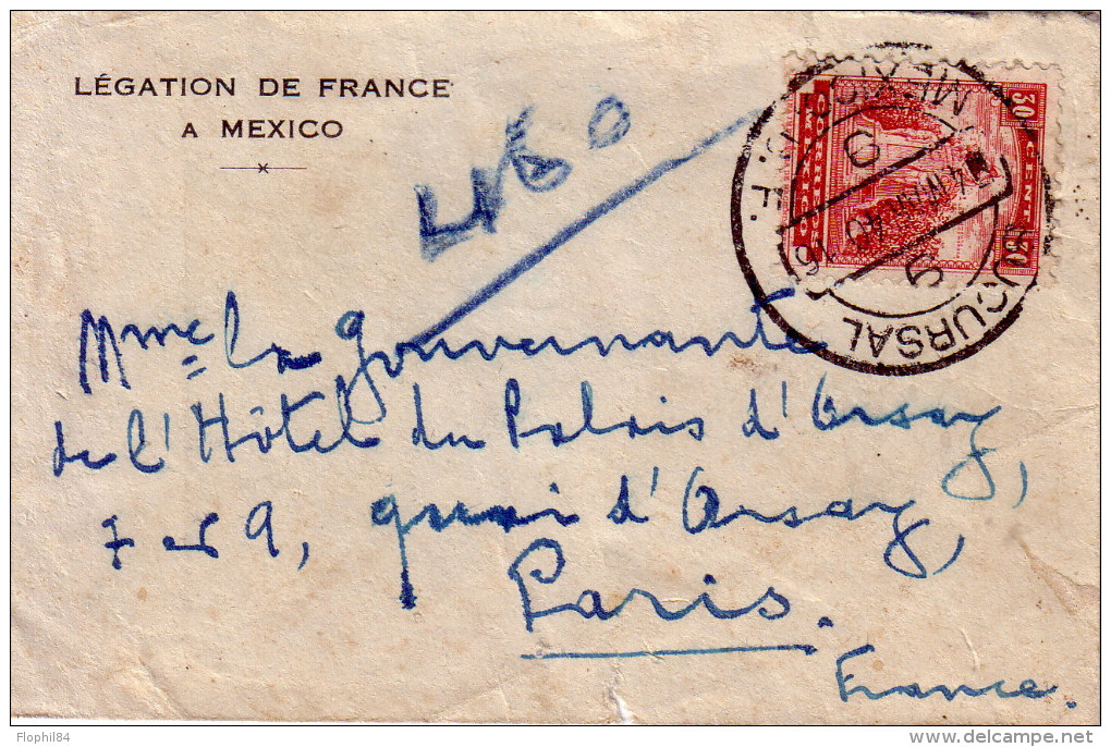 MEXIQUE - MEXICO - LETTRE DE LA LEGATION DE FRANCE A MEXICO LE 4-3-1940 - VERSO CACHET LEGATION DE FRANCE *MEXICO* . - México