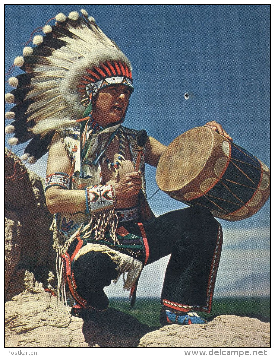 POSTKARTE INDIAN BLUE SKY EAGLE DANCER ACOMA PUEBLO NEW MEXICO Indianer Indians Indien Trommel Drum Tambour Headdress - Indiani Dell'America Del Nord