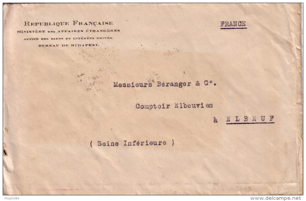 HONGRIE - BUDAPEST  8-10-1925 LETTRE REPUBLIQUE FRANCAISE MINISTERE DES AFFAIRES ETRANGERES BUREAU DE BUDAPEST-AFFRANCHI - Marcofilie