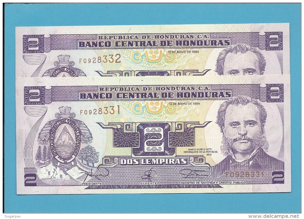 HONDURAS - 2x2 LEMPIRAS - 12.05.1994 - P 72 - UNC. - FOLLOWED NUMBERS-NOMBRES SUIVANTS-NUMEROS SEGUIDOS - Honduras