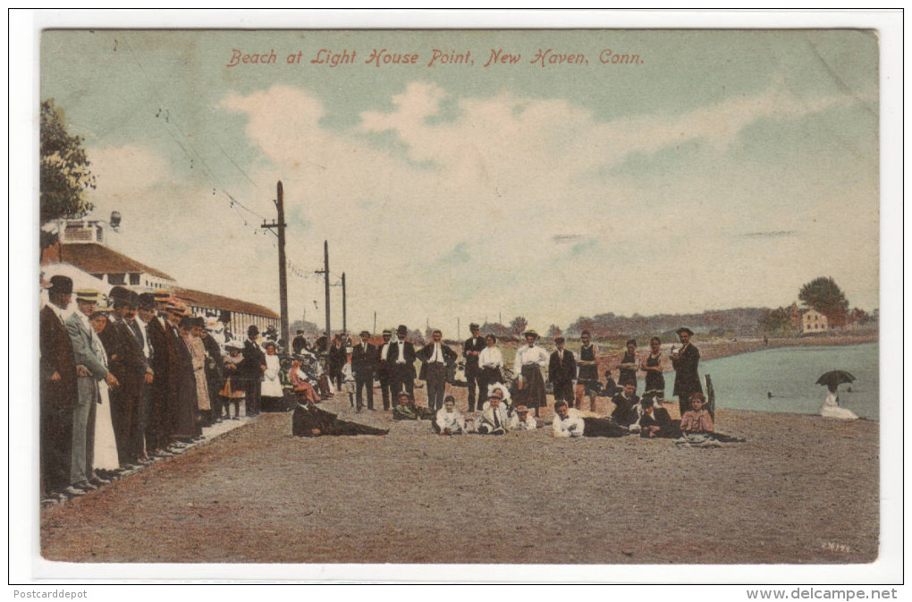 Beach Crowd Light House Point New Haven Connecticut 1909 Postcard - New Haven