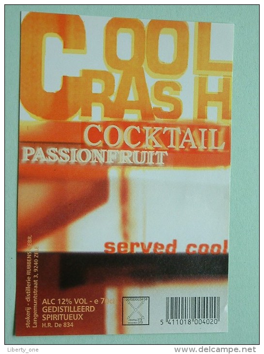 COOL CRASH Cocktail Passion Fruit / Rubbens Zele 12% Vol. - 70 Cl ( +/- 8 X 11,5 Cm. / Details Op Foto ) !! - Autres & Non Classés