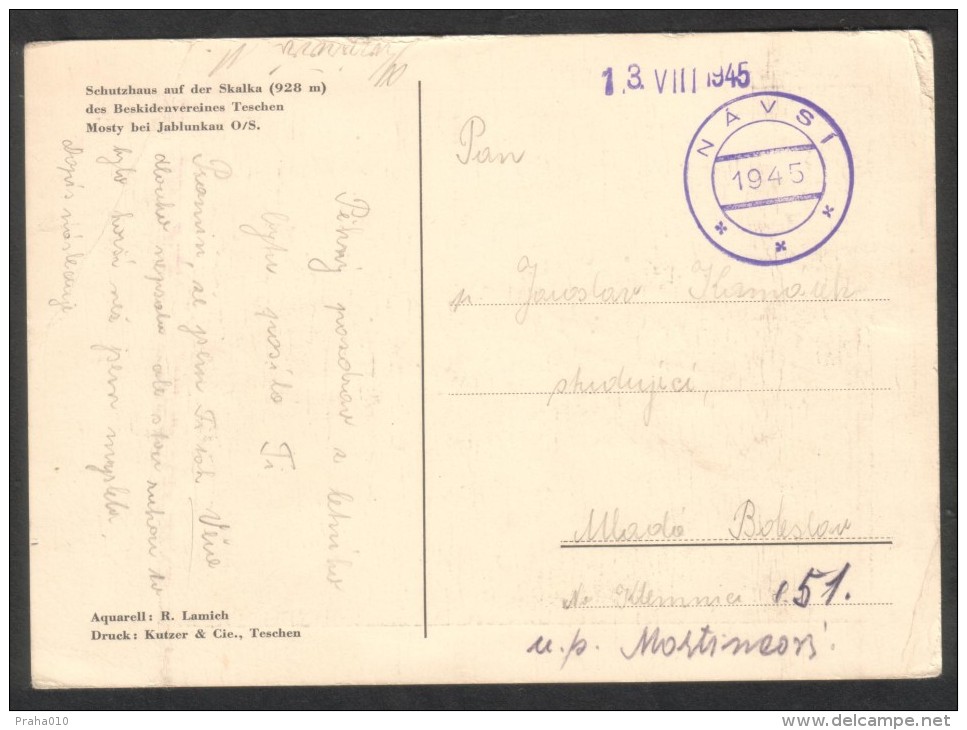 C00024 - Czechoslovakia (1945) Navsi ("provisional" Postage Postmark) Paid In Cash, Postcard: Skalka, Mosty U Jablunkova - Storia Postale