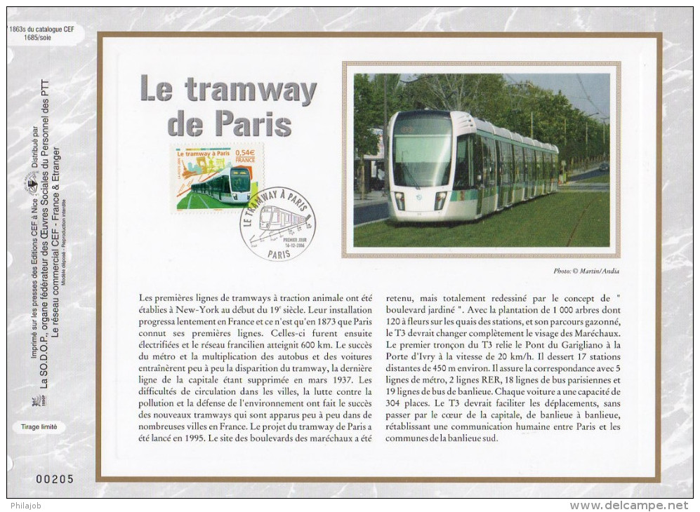 CEF 1° Jour En SOIE De 2006 N° 1863s " LE TRAMWAY DE PARIS " N° YT 3995. Parfait état + Prix Dégressif. - Tramways