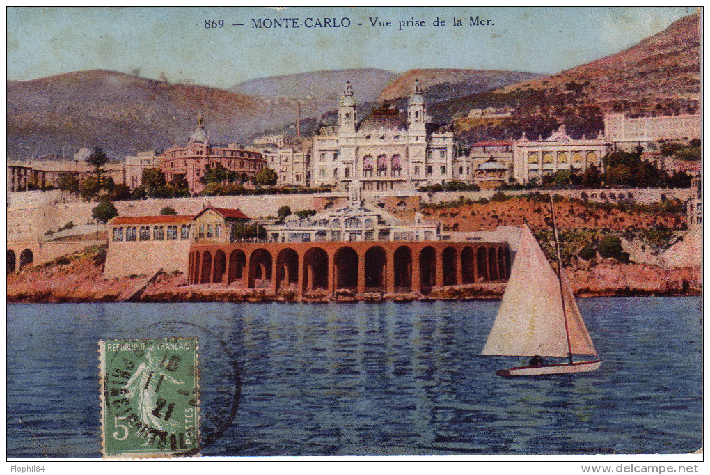 MONACO - 5c SEMEUSE VERTE AVEC OBLITERATION MONACO PRINCIPAUTE  LE 11-2-1921 - RARE SUR TIMBRE DE FRANCE - Storia Postale