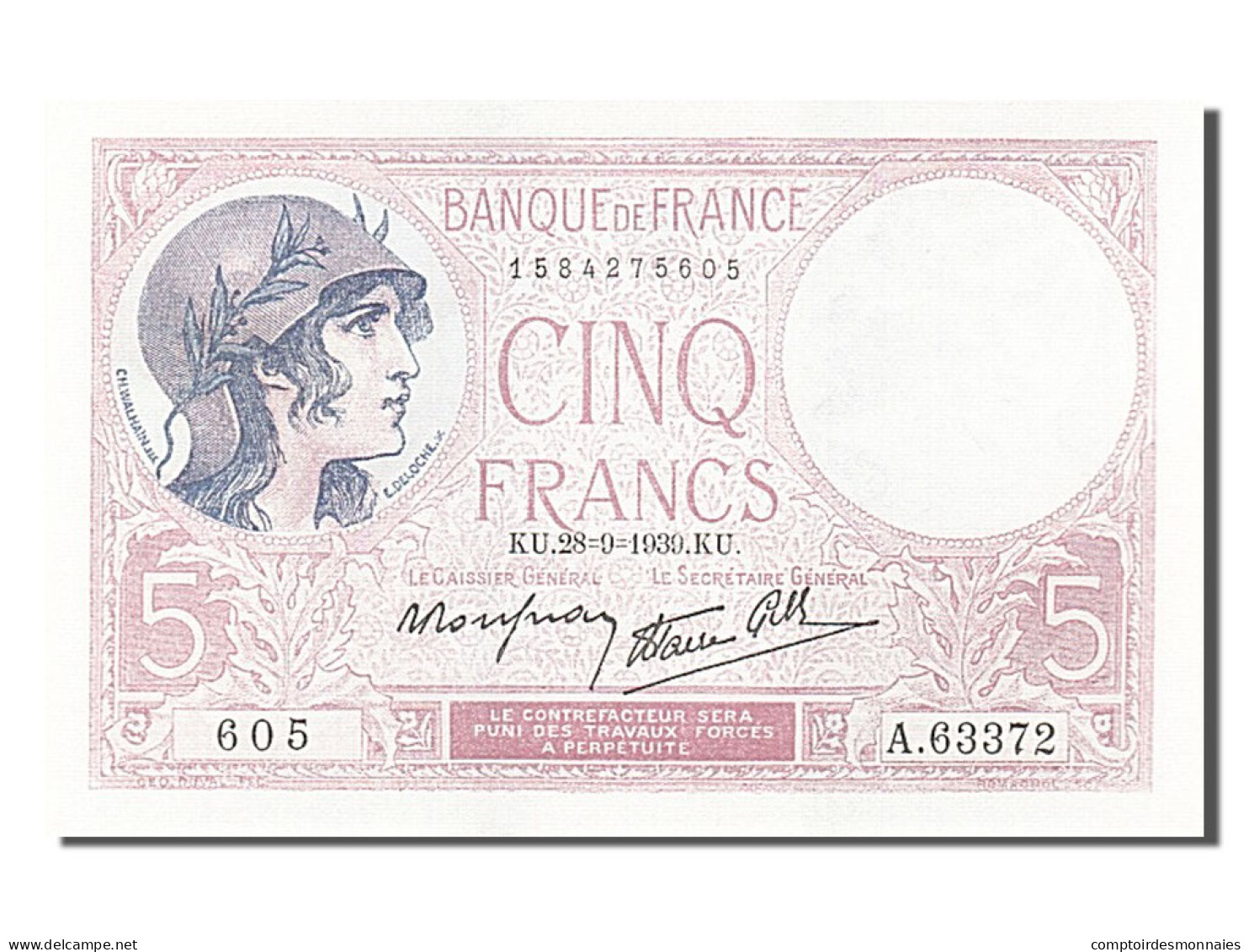 Billet, France, 5 Francs, 5 F 1917-1940 ''Violet'', 1939, 1939-09-28, NEUF - 5 F 1917-1940 ''Violet''