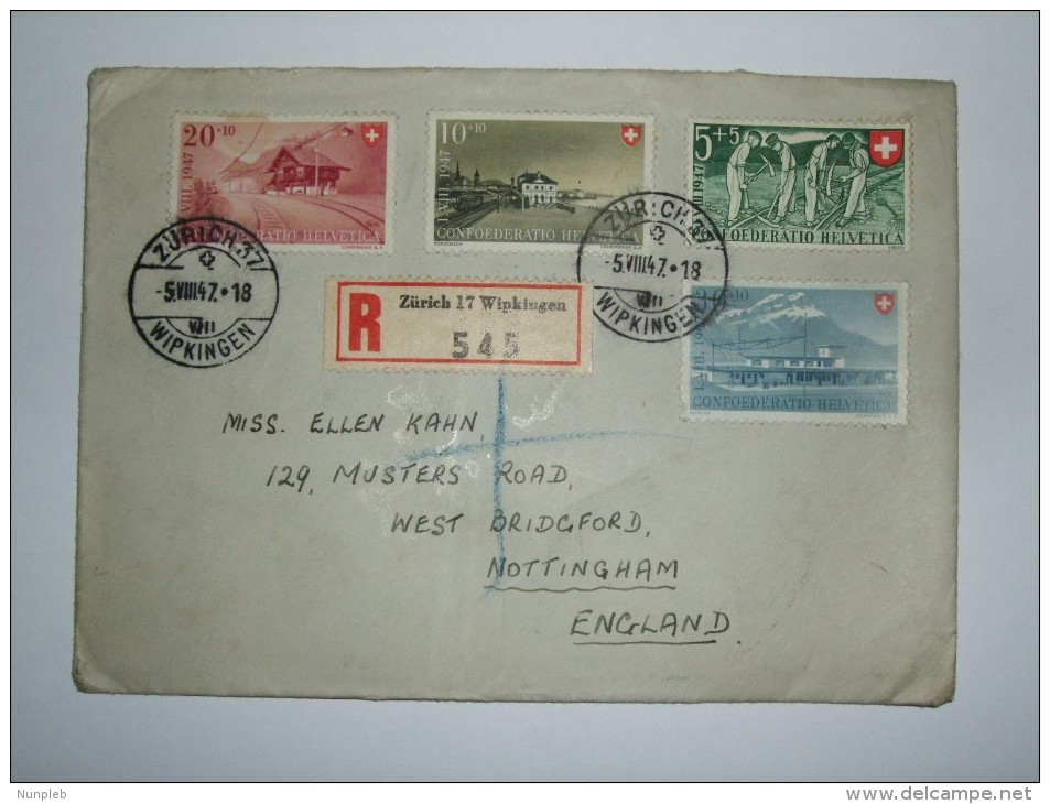 SWITZERLAND 1947 REGISTERED COVER ZURICH TO ENGLAND WITH NATIONAL FETE SET OF STAMPS - Briefe U. Dokumente