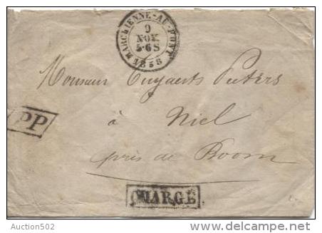 Lette Non Affranchie C.Marchienne-Au-Pont 9/11/1858 Gff Chargé Et PP Encadré V.Niel C.d'arrivée Boom+c.dde Firme PR428 - Linear Postmarks