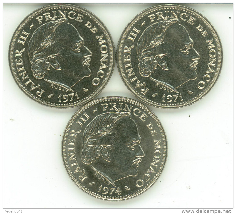 PRINCIPATO DI MONACO 5 FRANCS RANIER III° 3 MONETE KM # 150 1971 X 2-1974 SPL - 1960-2001 Franchi Nuovi