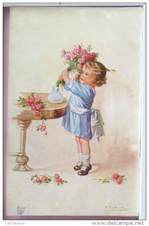 Litho Illustrateur Signe FIALKOWSKA PRIMUS Fille Fillette Roses Vase Sur Table 1924 Chez Baron De Virou La Vigie Dilbeek - Fialkowska, Wally