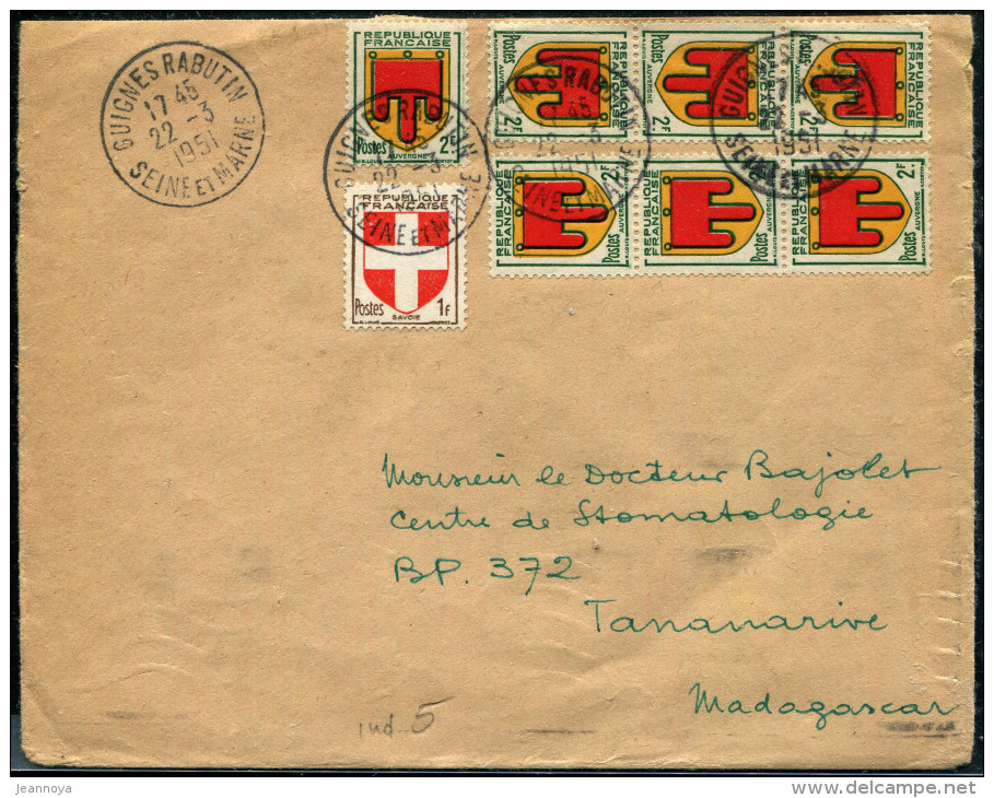 FRANCE - ARMOIRIES - N° 836 + 837 (7) / LETTRE DE GUIGNES RABUTIN LE 22/3/1951, POUR MADAGASCAR - TB - 1941-66 Escudos Y Blasones