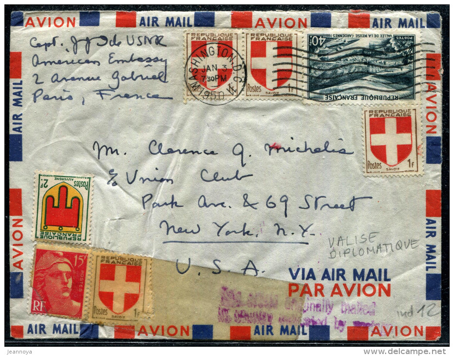 FRANCE - ARMOIRIES - N° 836 (3) + 813 + 842A, PAR VALISE DIPLOMATIQUE DE PARIS A NEW YORK, OBL ARRIVÉE LE 3/6/1950 - TB - 1941-66 Coat Of Arms And Heraldry