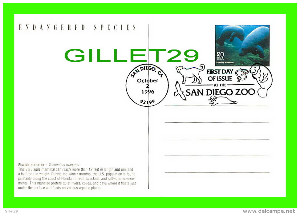 FIRST DAY OF ISSUE SAN DIEGO ZOO, 1996 - FLORIDA MANATEE - TRICHECHUS MANATUS - - 1991-2000