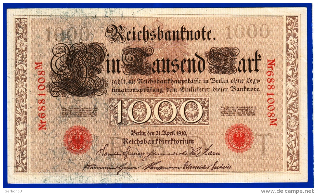 3 BILLETS MONNAIE PAPIER EUROPE BILLET BANQUE 1910 EMPIRE ALLEMAGNE 1000 MARK EIN TAUSEND MARK 6881010-8288478-6881008 - 1.000 Mark