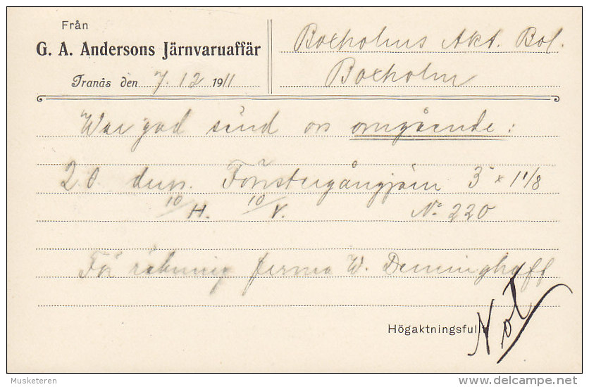 Sweden Postal Stationery Ganzsache Entier Brevkort Private Print G. A. ANDERSONS JÄRNVARUAFFÄR, TRANÅS 1911 (2 Scans) - Ganzsachen