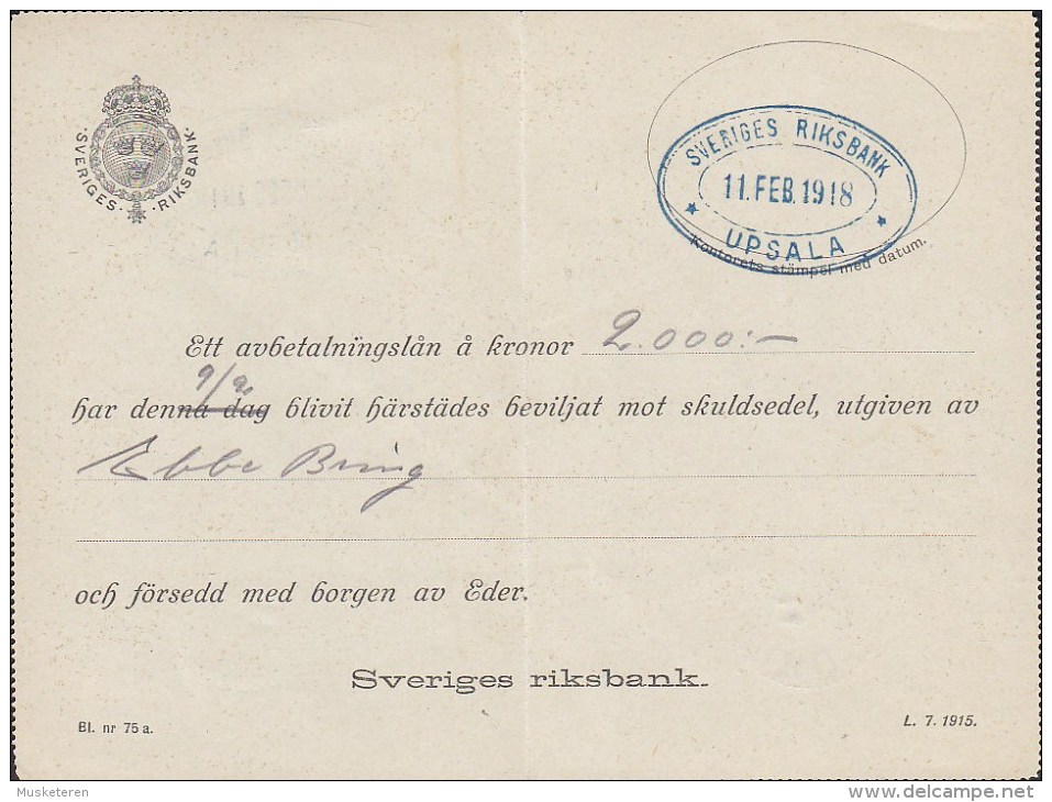 Sweden Postal Stationery Ganzsache Entier Kortbrev Private Print SVERIGES RIKSBANK, UPSALA 1918 (2 Scans) - Ganzsachen