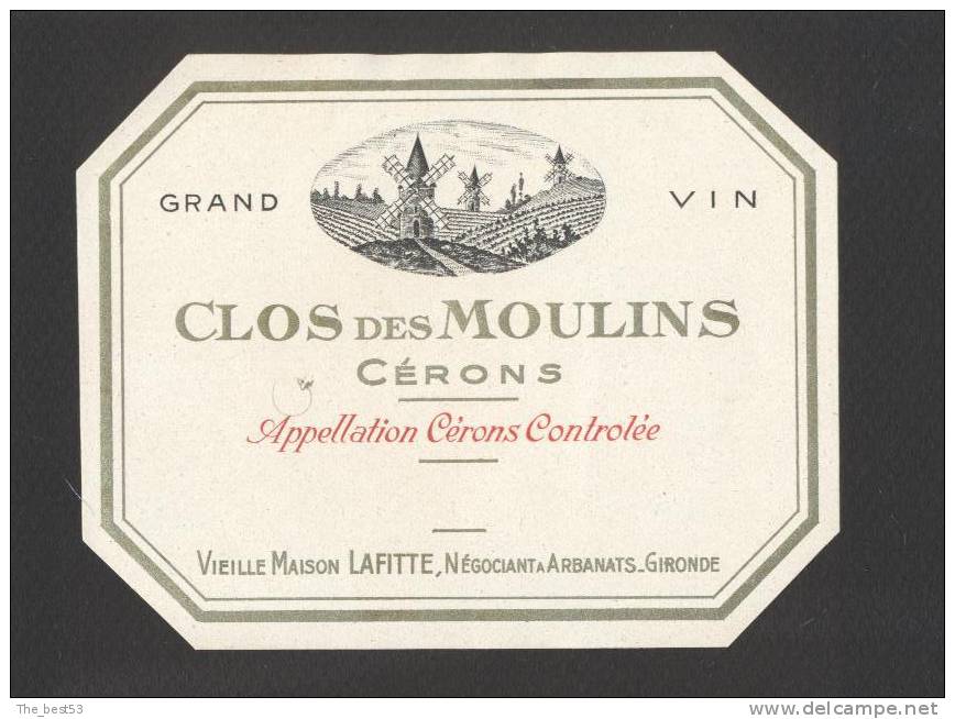 Etiquette De Vin Cérons 40/50 -  Clos Des Moulins   -  Ets Lafitte à Arbenats (33) - Thème Moulin à Vent - Windmolens