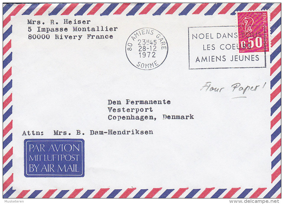 France Airmail Par Avion AMIENS GARE Noel Slogan 1972 Cover Lettre To VESTERPORT Denmark Marianne Béquet - 1971-1976 Marianne (Béquet)