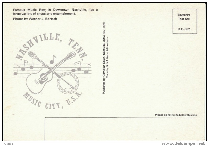 Nashville TN Tennessee, Music Row, Music &amp; Record Industry Signs, C1980s Vintage Postcard - Nashville