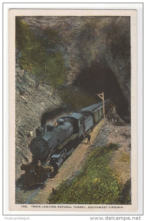 Railroad Train Leaving Natural Tunnel Southwest Virginia 1920s Postcard - Trains