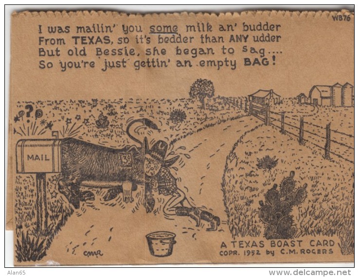 Texas Boast Humor, Empty Paper Bag As Postcard, Cow Gave No Milk, C1950s Vintage Postcard - Other & Unclassified