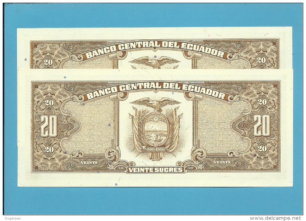 ECUADOR - 2 X 20 SUCRES - 22.11.1988 - Pick 121A - Série LR - UNC.- FOLLOWED NUMBERS-NOMBRES SUIVANTS-NUMEROS SEGUIDOS - Equateur