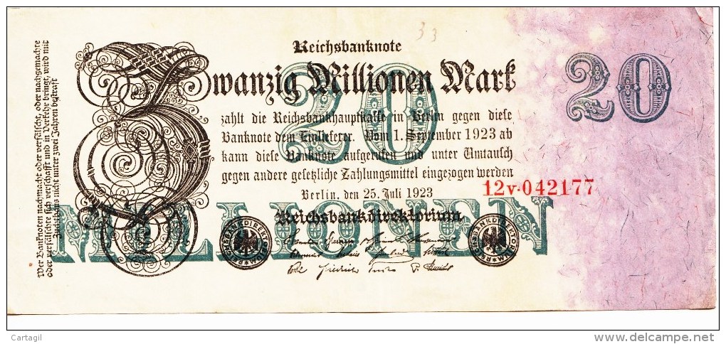 Allemagne - B842 -  Billet Uniface  20  Millionen  Mark De 1923 (type, Nature, Valeur, état Voir Scan) - 20 Mio. Mark