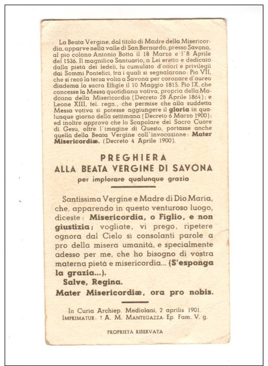 Nostra Signora Della Misericordia  ( Savona )  - Santino 1901 - Devotion Images