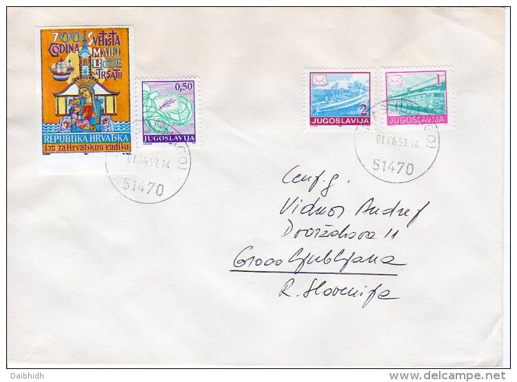 CROATIA 1991 Cover Yugoslavia Definitive Stamps And Imperforate Trsat Monastery Tax Stamp.  Michel ZZM 8A - Croatia