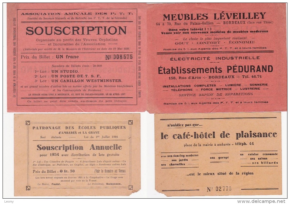 2 Billets De SOUSCRIPTION - PATRONAGE Des ECOLES D' AMBARES- ASSOCIATION AMICALE  Des P.T.T. Gironde - Tickets - Vouchers