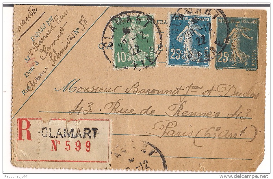 Carte Lettre Recommandée 1922  25c Semeuse + Complément 10c+25c Pour Paris - Cartes-lettres