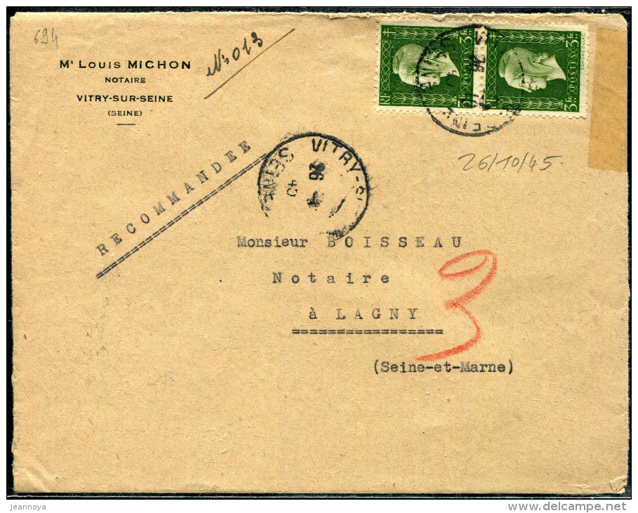 FRANCE - MARIANNE DULAC - N° 694 (2) / LR PROVISOIRE DE VITRY/SEINE LE 26/10/1945, POUR LAGNY - TB - 1944-45 Marianne Van Dulac