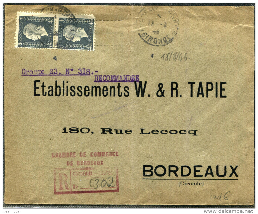 FRANCE - MARIANNE DULAC - N° 696 (2) / LR PROVISOIRE DE BORDEAUX LE 18/8/1946, POUR BORDEAUX - TB - 1944-45 Marianne Van Dulac