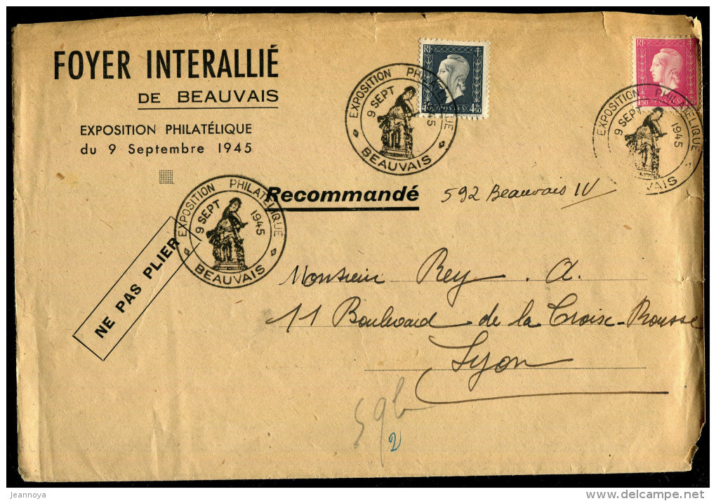 FRANCE - MARIANNE DULAC - N° 691 + 696 / LR BEAUVAIS LE 9/9/1945, POUR EXPÉDITION D'UN BF VIGNETTES EXPO. PHILA. - TB - 1944-45 Marianne Van Dulac