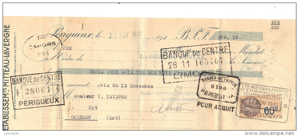 Lettre Change 1931 MITTEAU LAVERGNE PERIGUEUX Dordogne Pour Gourdon Lot - Timbre Fiscal - Cambiali