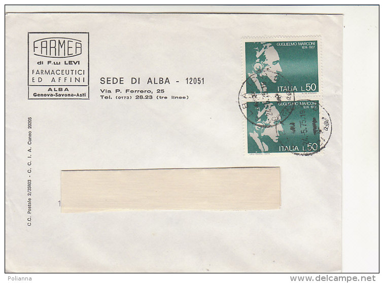 A2675 - 2 X 50 &pound; Marconi Su Busta Farmaceutici VG Alba-Torino 24-05-1975 - 1971-80: Storia Postale