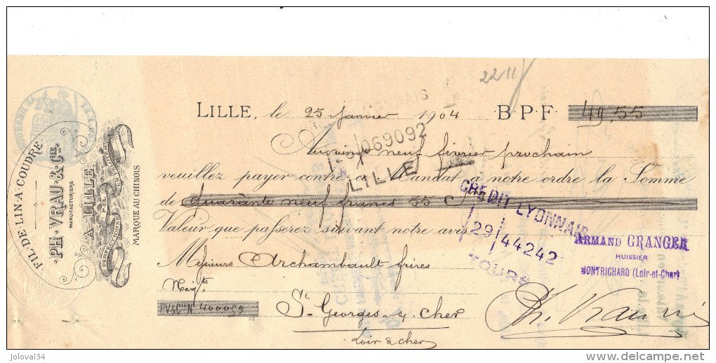 Lettre Change 1904 VRAU Fil De Lin LILLE Nord Pour St Georges Sur Cher Loir Et Cher - Cachet  Fiscal - Lettres De Change