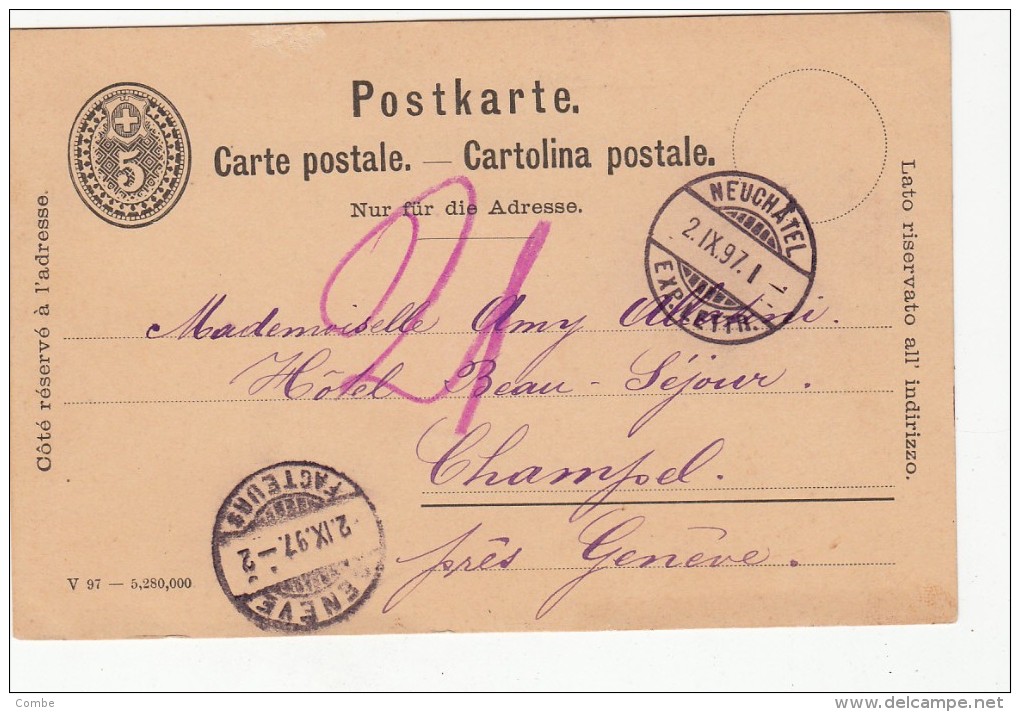 1897, CARTE ENTIER SUISSE, NEUCHATEL- CHAMPEL, TAXE 2  /4992 - Taxe