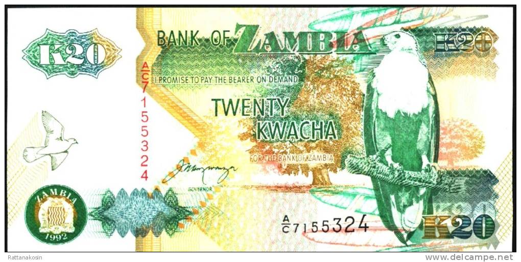 ZAMBIA  P36b 20  KWACHA  1992 #A/C Signature 11    UNC. - Zambia