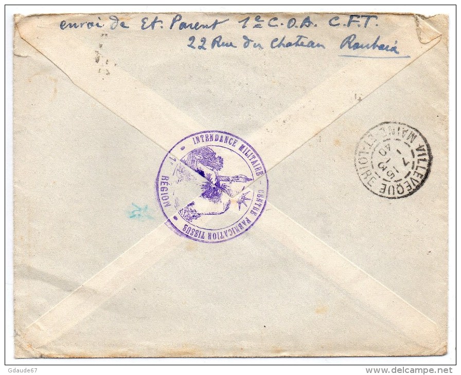 1940 - ENVELOPPE FM De ROUBAIX (NORD) Avec CACHET "INTENDANCE MILITAIRE / CENTRE FABRICATION TISSUS / 1ere REGION" - Guerre De 1939-45