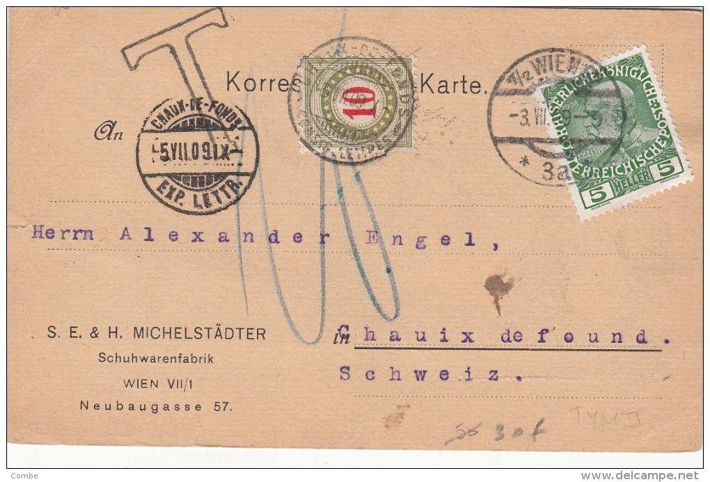 1909, CARTE  AUTRICHE, WIEN -  CHAUX DE FONDS, TAXE 10 /5000 - Taxe